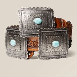 Ariat brand Silver and Brown Western Belt with Turquoise Accents size L